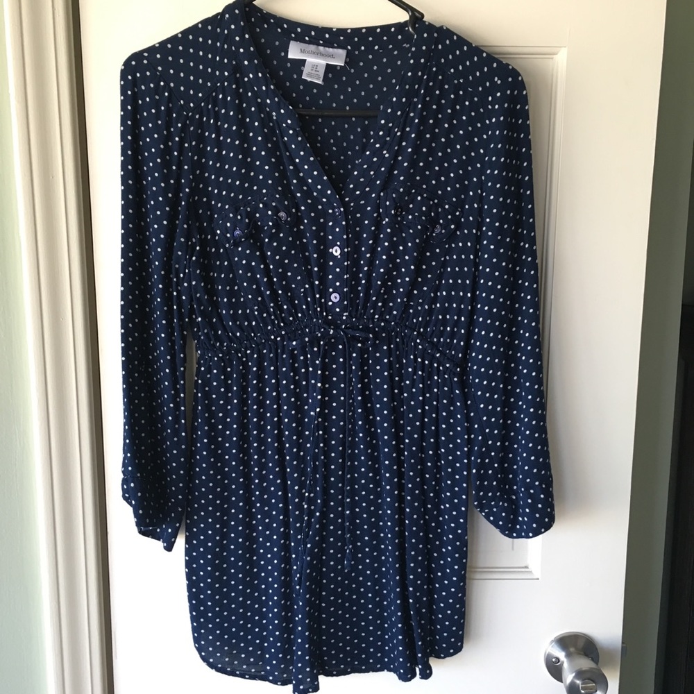 Maternity Navy Blue Blouse w/White Polka Dots